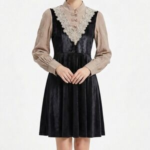 Whimsy Goth Lace Midi Dress Kaimilan Women's Size 6 Black Beige Long Sleeve